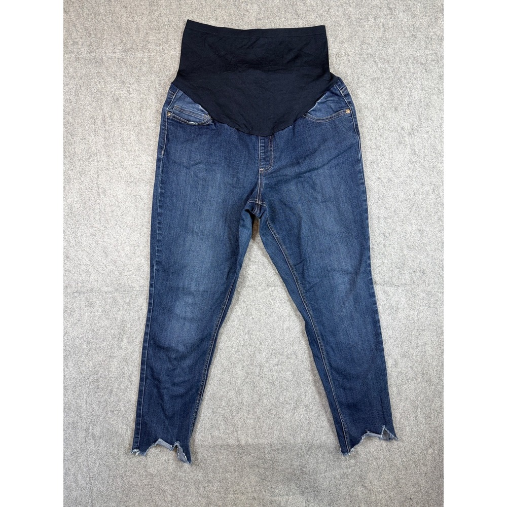 Maternity Skinny Jeans Size L Dark Wash Blue Raw Notched Hem Full Belly Panel